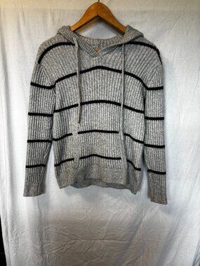 Womens Grey and Black Striped Hoodie Knit Material with pocket